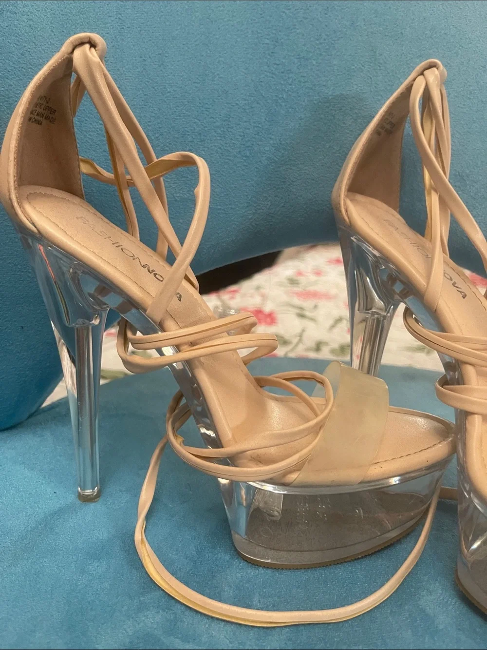 Fashion Nova Beige Lace-Up Clear Platform Heels